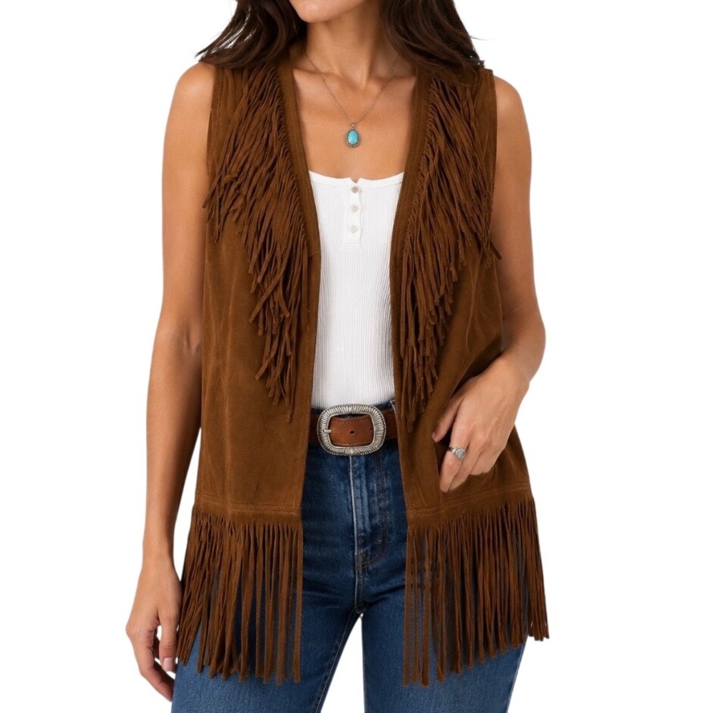 Vintage 70's Western Suede‎ Leather Vest Long Fringe Cognac Medium Festival Boho